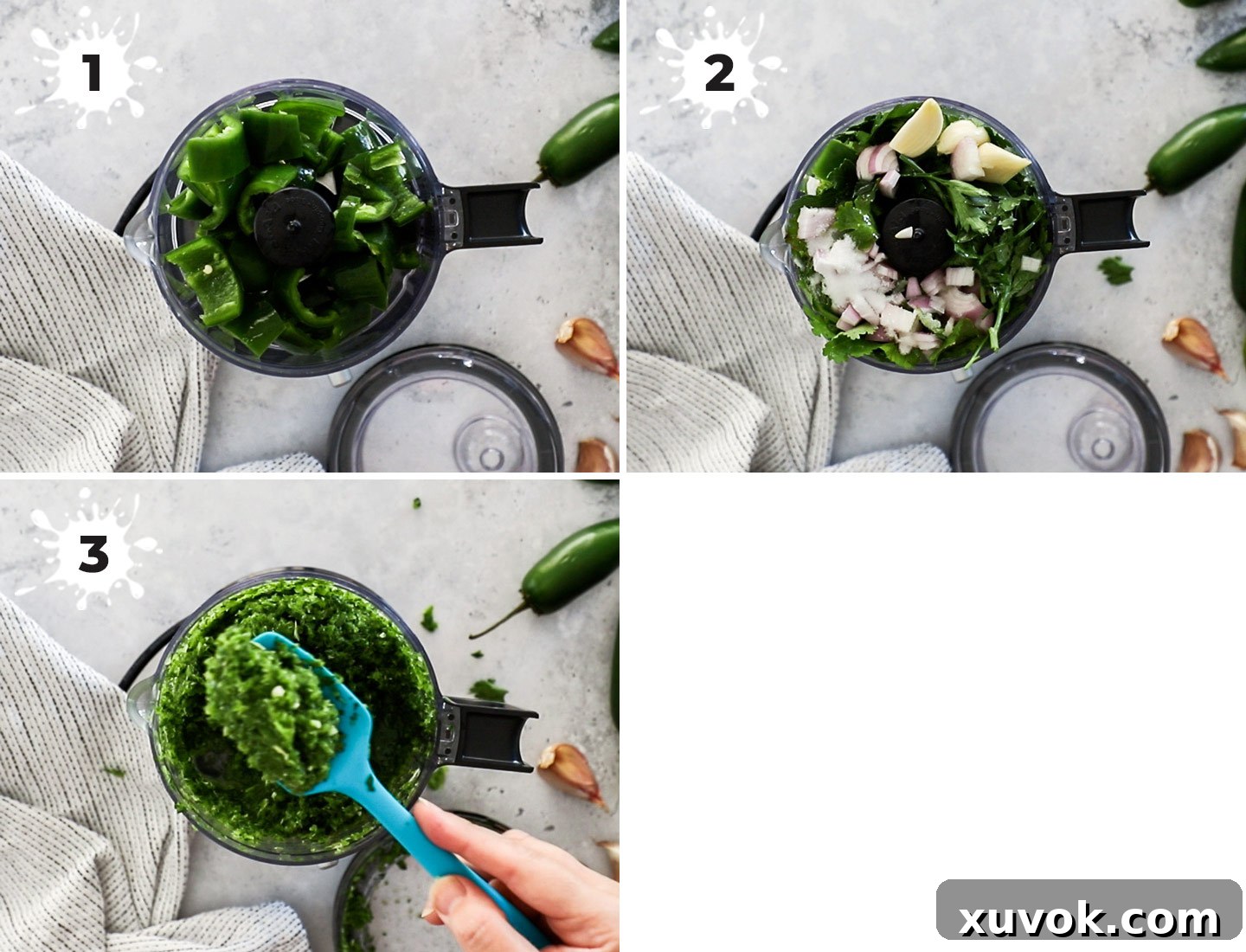A visual step-by-step collage showing how to prepare the fresh jalapeno relish, from chopping ingredients to the final blended product.