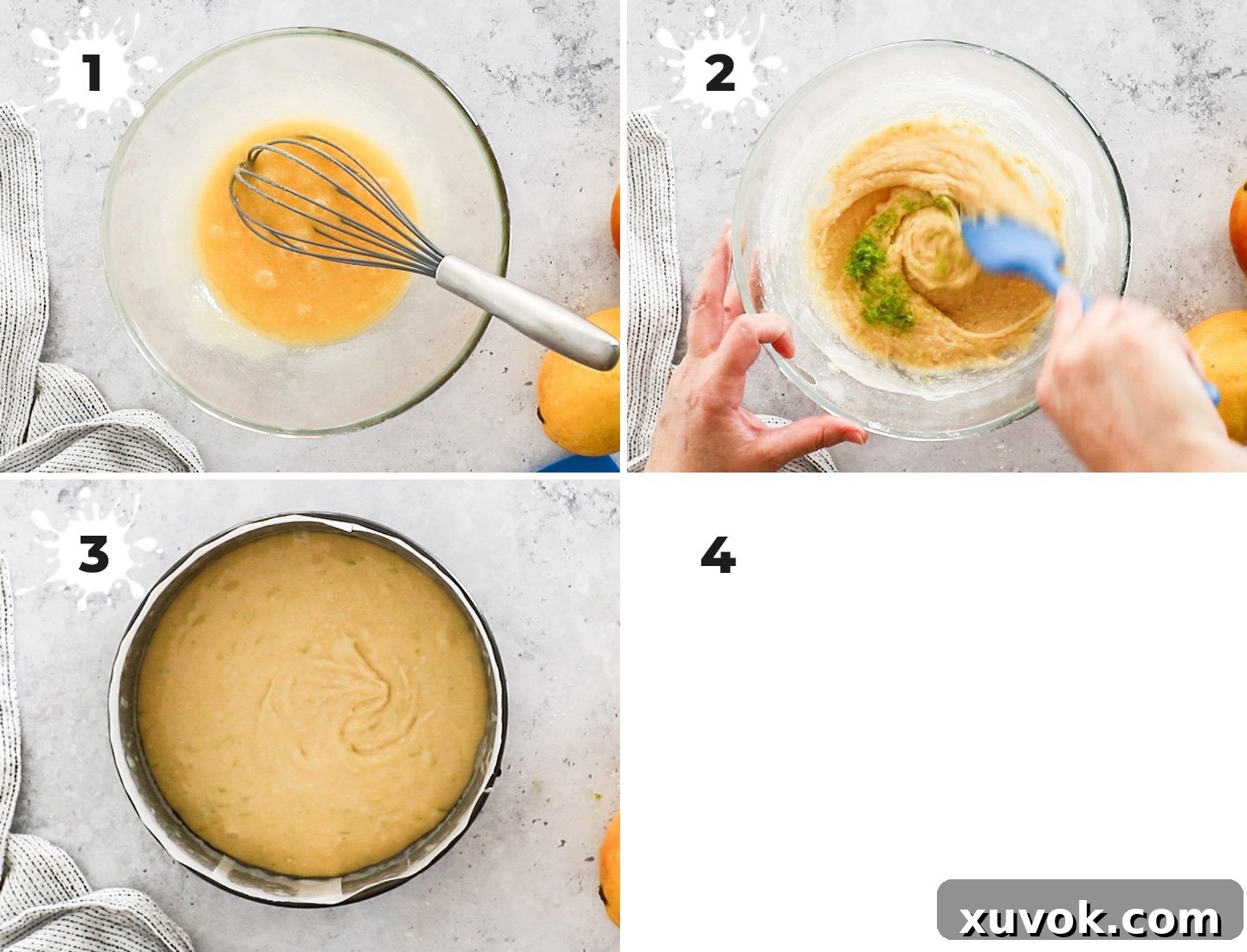 A collage demonstrating the step-by-step process of making the coconut sponge cake base.