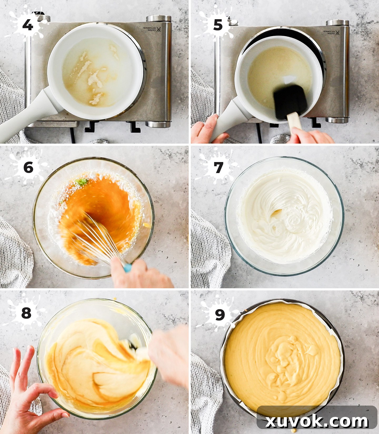 A collage demonstrating the step-by-step process of making the mango mousse.