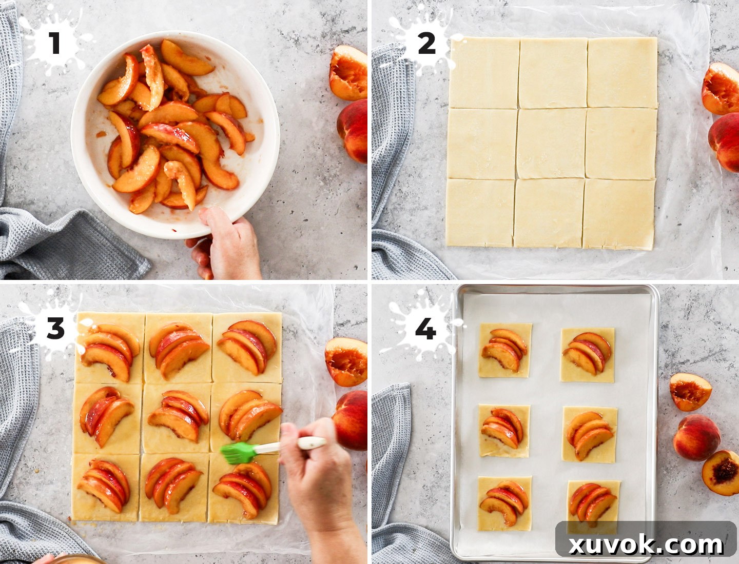 A visual guide in a collage format, illustrating the step-by-step process of preparing puff pastry peach tarts, from slicing fruit to arranging on pastry.