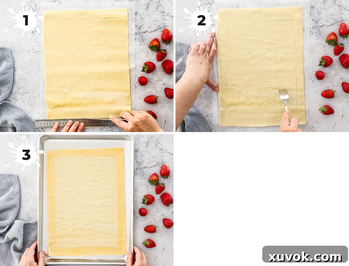A collage showing how to prepare the pastry.