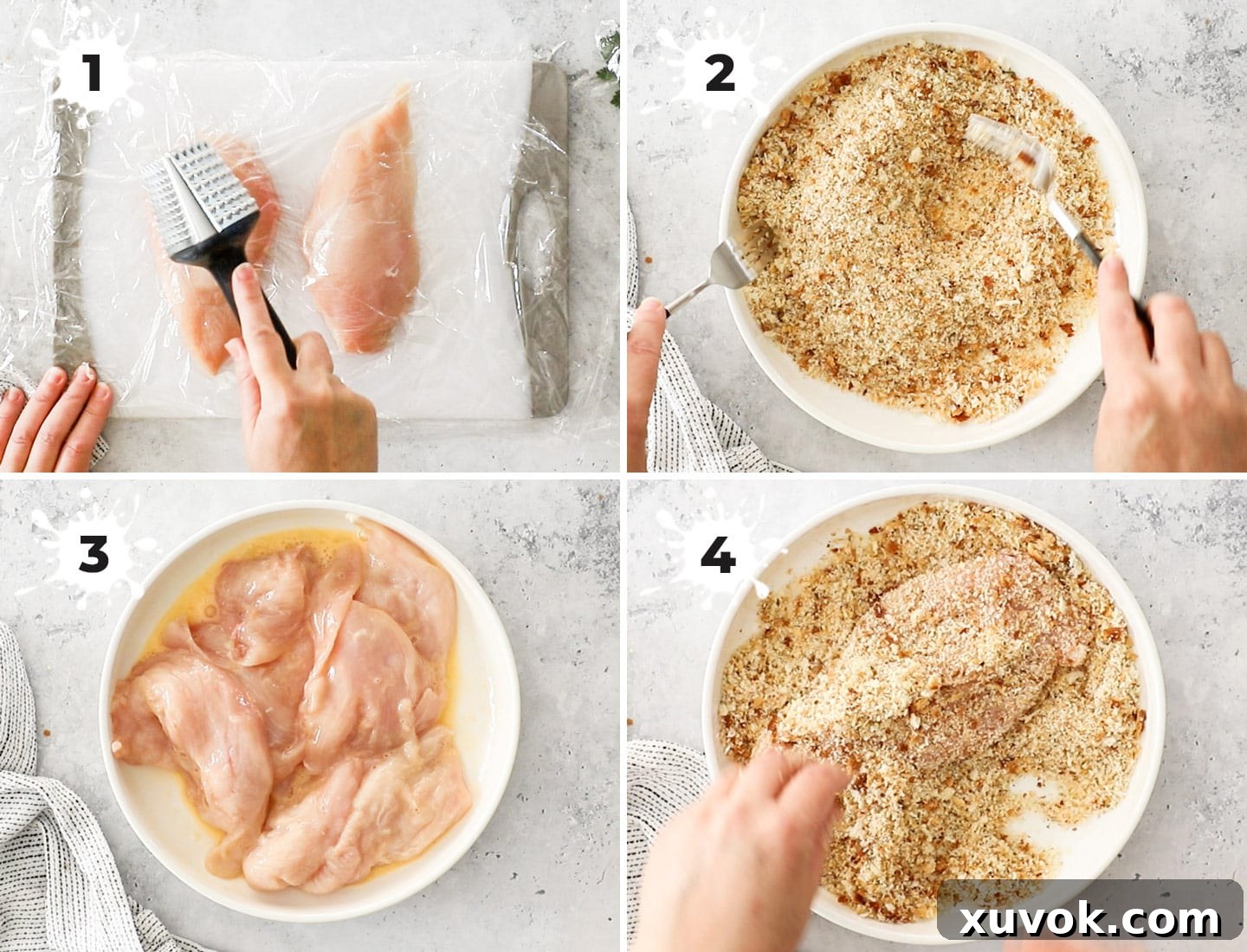 A visual guide in a collage format, demonstrating the step-by-step preparation of raw chicken cutlets with breading.