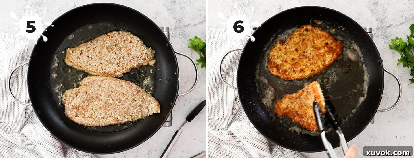 A series of images showing the process of shallow frying breaded chicken cutlets in a pan until golden and crispy.