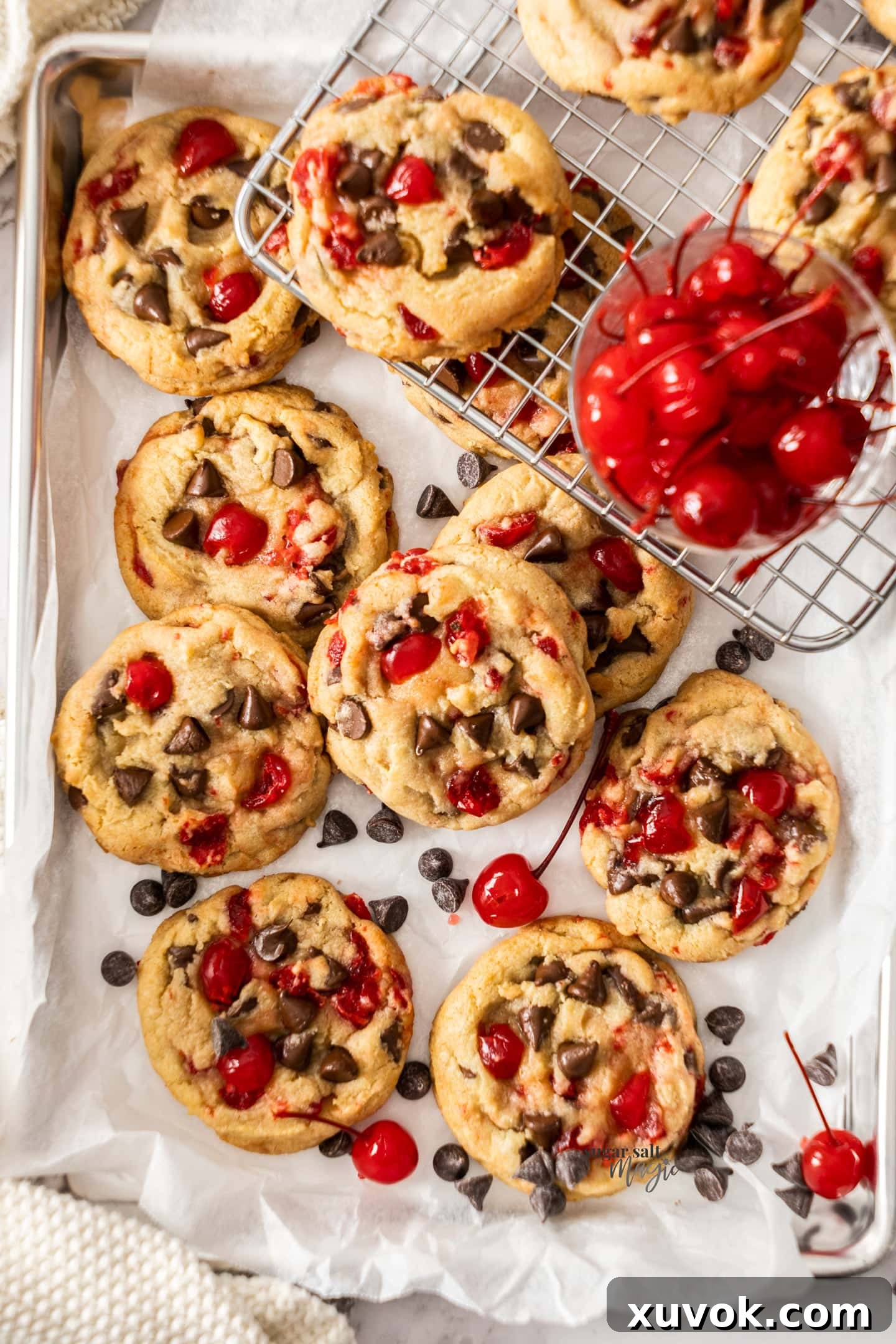 A batch of cherry laden chocolate chip cookies on a baking tray. Thick, soft, and chewy with visible cherries and chocolate.