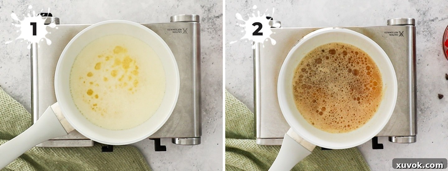 A collage showing how to make browned butter, with butter melting, bubbling, and turning golden brown.