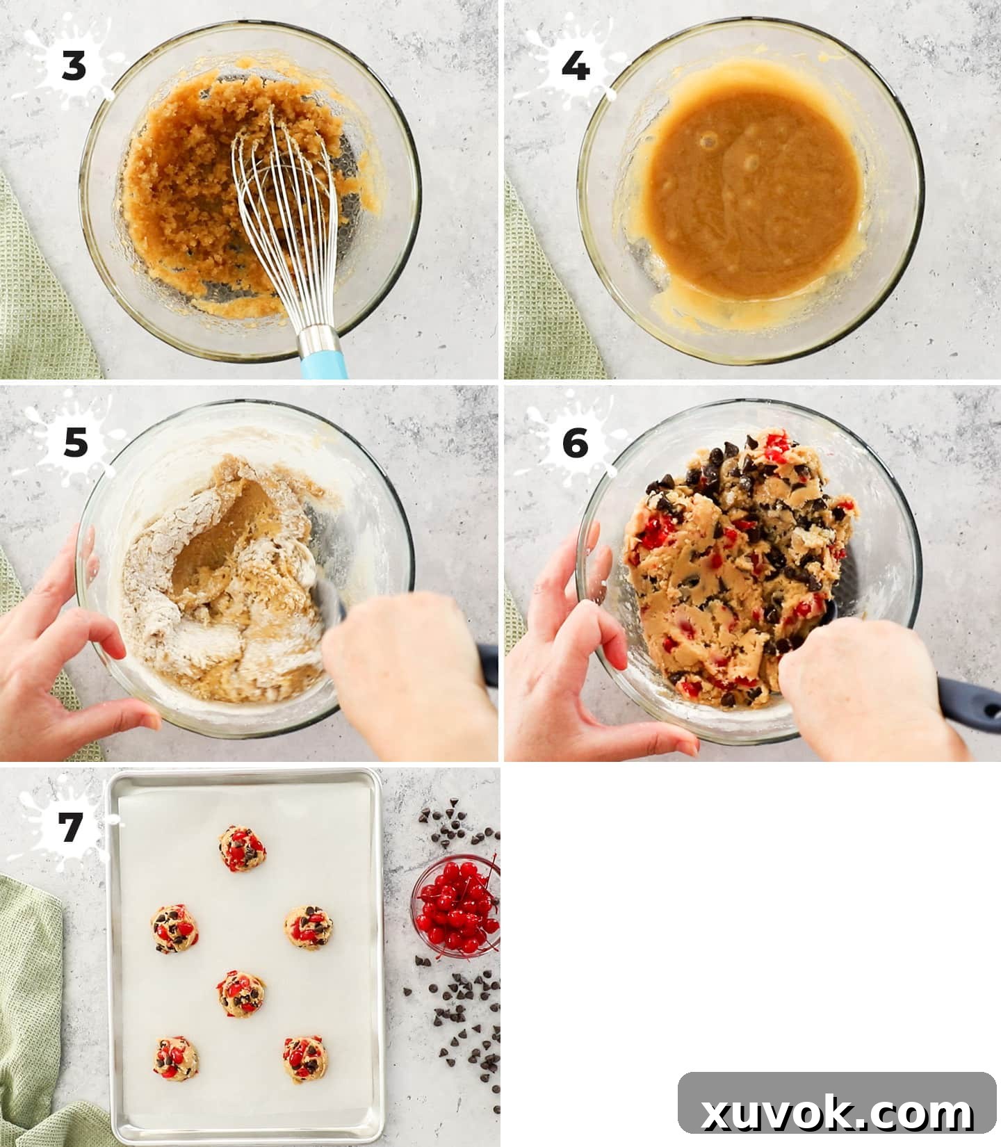 A collage showing how to combine wet and dry ingredients and scoop cookie dough. Steps include whisking sugars into butter, adding egg and vanilla, mixing in flour, and scooping dough onto a baking sheet.