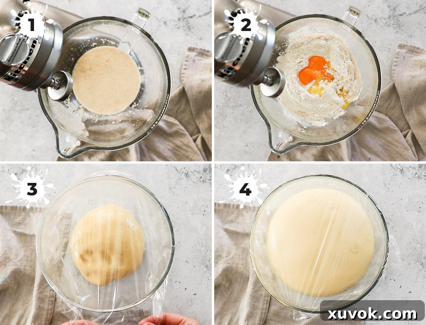 A four-panel collage showing the stages of making donut dough: activating yeast in warm milk, mixing ingredients in a stand mixer, kneading, and the dough after its first rise.