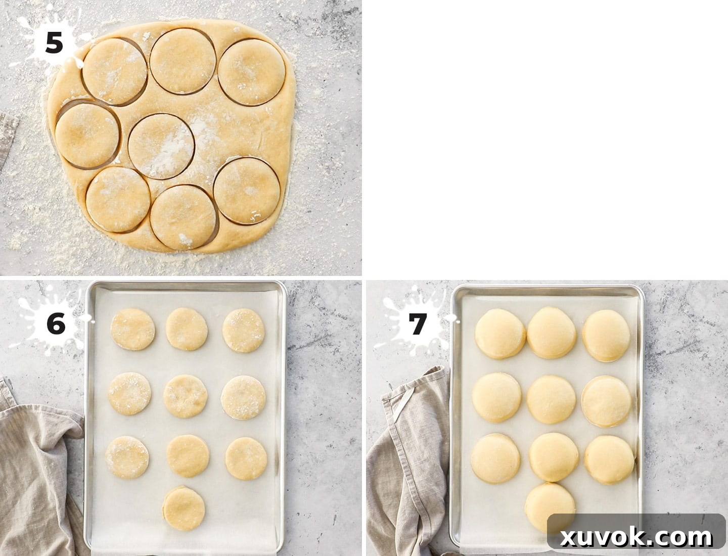 A four-panel collage illustrating how to shape donuts: rolling out the dough, cutting rounds with a cookie cutter, placing them on a baking sheet for the second rise, and the puffy donuts ready for baking.