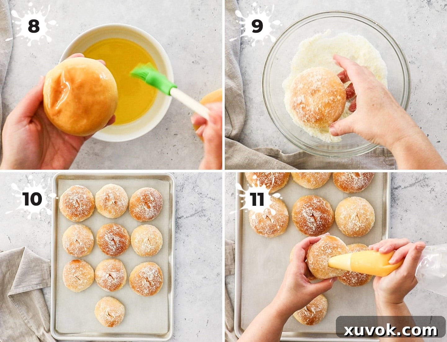 A three-panel collage demonstrating the final steps of preparing lemon donuts: making lemon sugar, coating donuts with butter and then sugar, and piping lemon curd into the baked donuts.