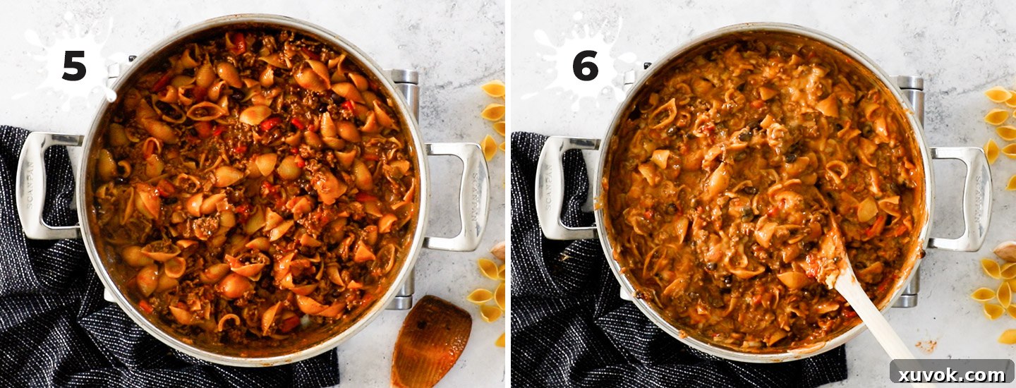 A collage showing how to finish off the taco pasta.