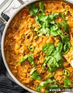 Closeup of the taco pasta in a pan.