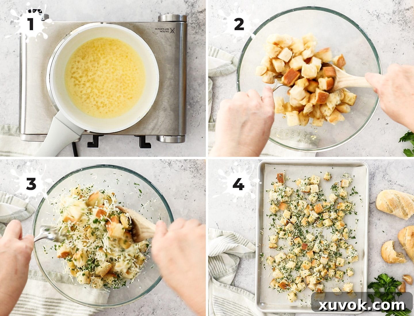 A collage showing the four key steps to making cheese and garlic croutons: melting butter and oil with garlic, coating bread, adding cheese and herbs, and baking on a sheet.
