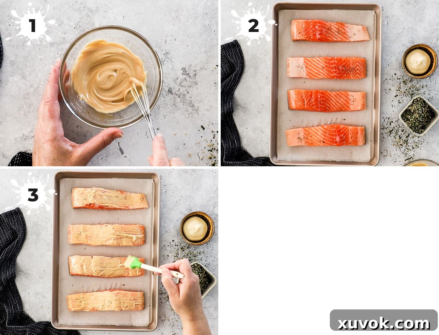 A visual guide showing the step-by-step process of preparing furikake salmon, from seasoning to coating.
