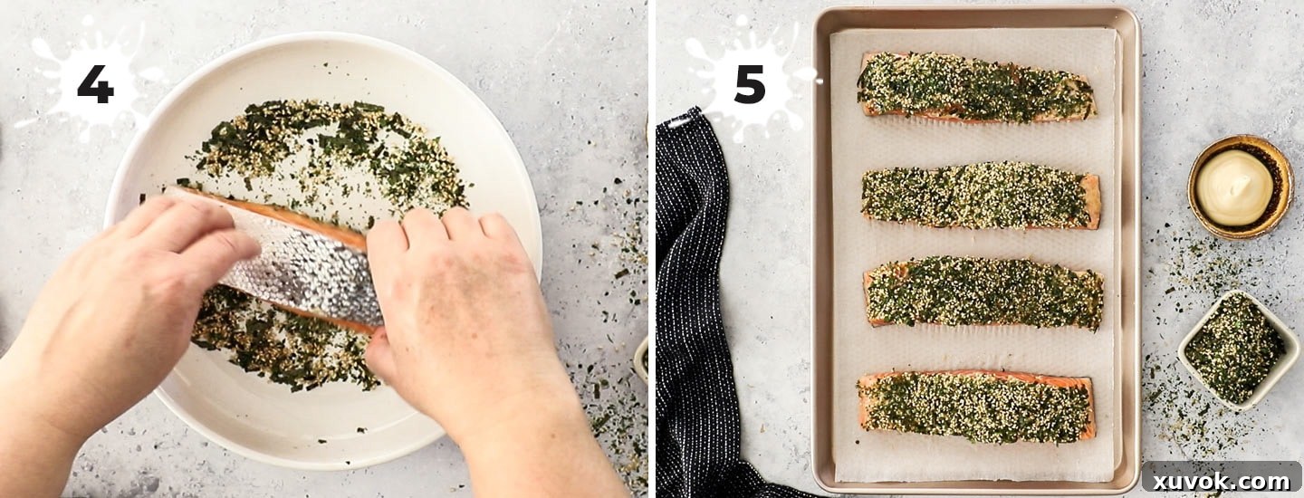 The salmon fillets, perfectly coated with the mayonnaise mixture and furikake seasoning, ready for baking.