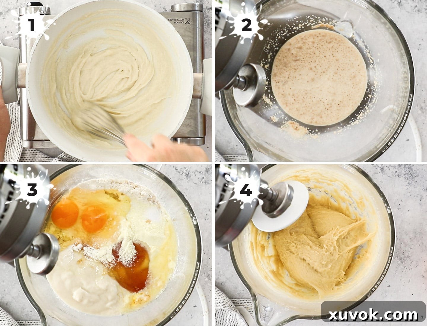A four-panel collage showing the process of making Maritozzi dough: 1) Tangzhong paste in a saucepan, 2) Yeast blooming in a mixer bowl, 3) All dough ingredients combined in a mixer, 4) Smooth, sticky dough after kneading.