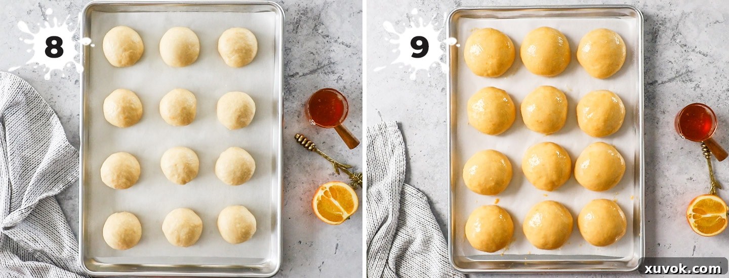A two-panel collage showing Maritozzi buns undergoing their second rise on a baking sheet and then brushed with egg wash, ready for baking. The buns appear puffy and golden.