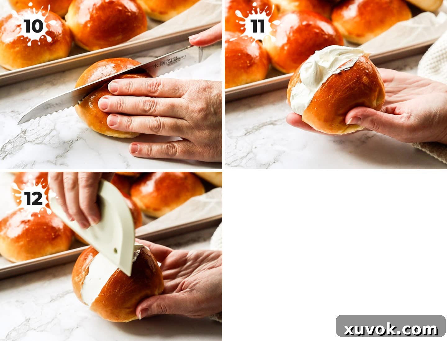 A three-panel collage demonstrating how to fill Maritozzi buns: 1) A baked bun sliced down the middle, 2) Cream being generously spooned into the bun, 3) A bench scraper leveling the cream on top of the bun for a smooth finish.