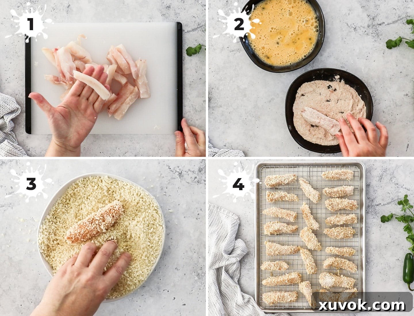 A collage showing how to prepare the fish pieces.