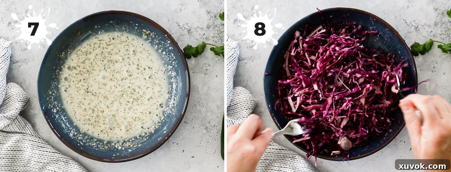 Coleslaw being mixed in a bowl.