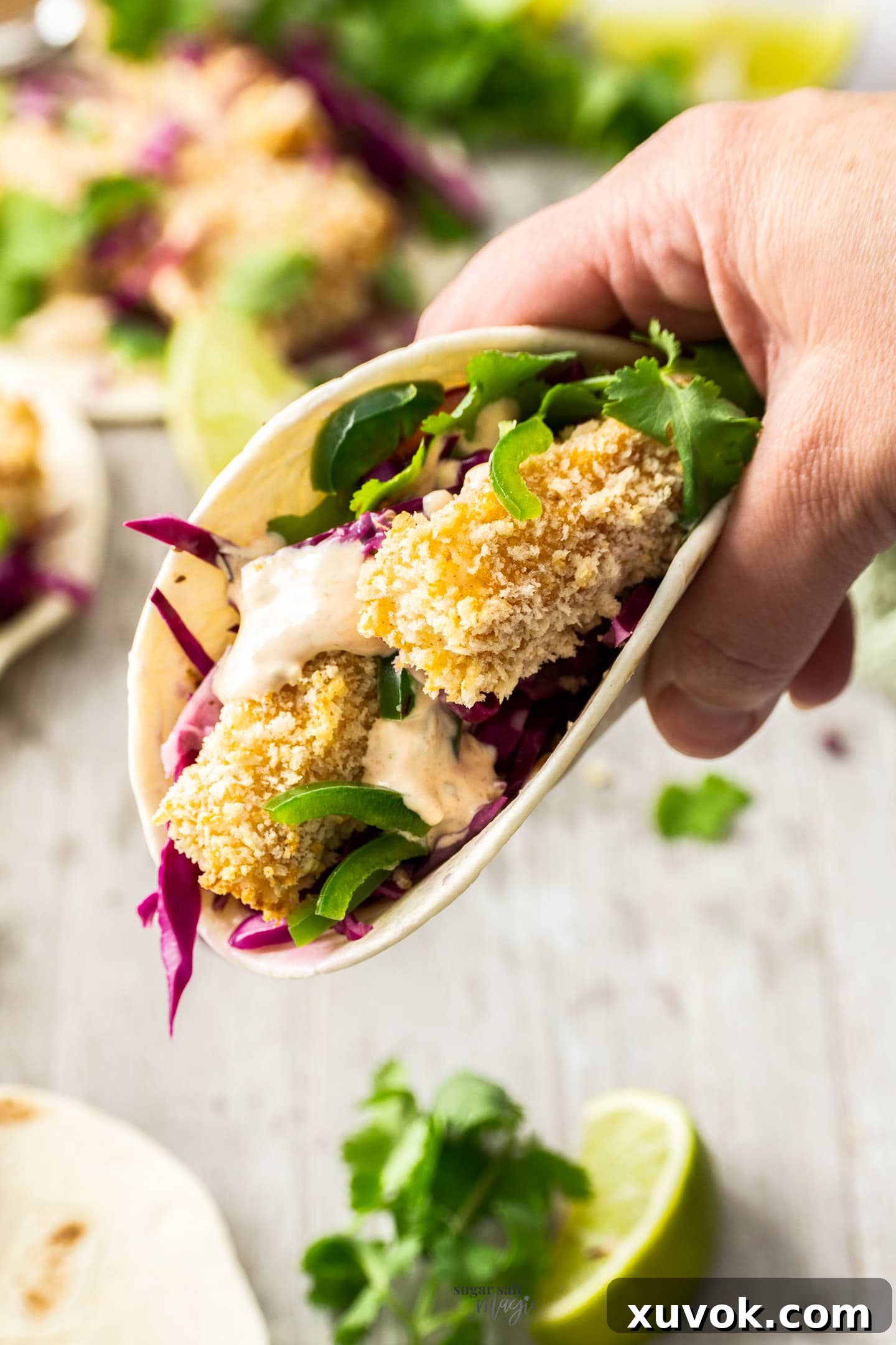 A hand holding a baja fish taco.