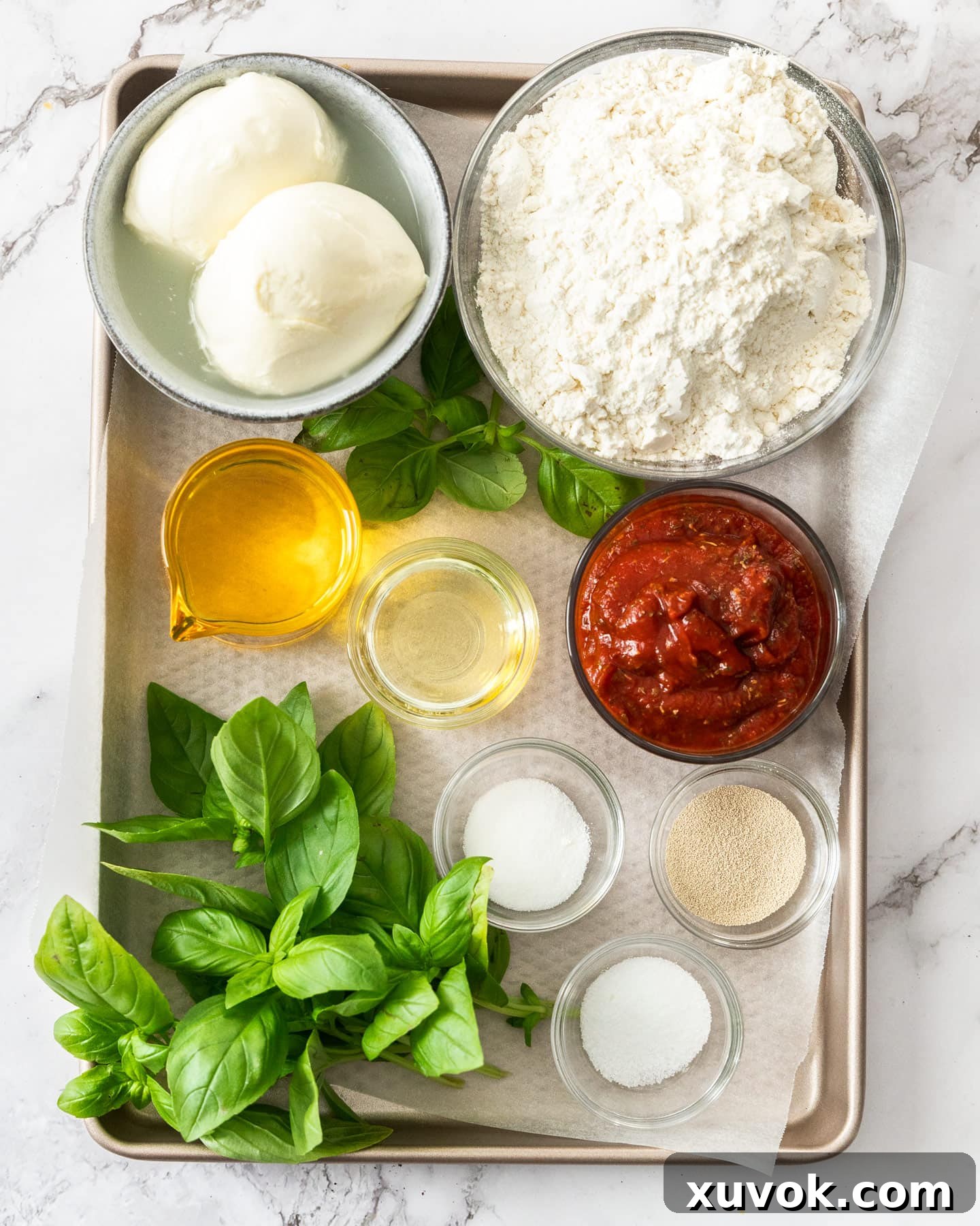 Ingredients for pizza fritta on a baking tray.