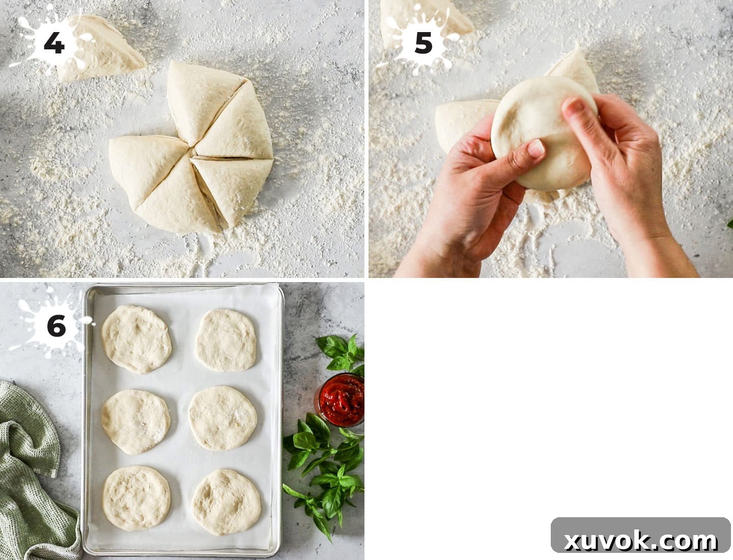 A collage showing how to shape the pizza dough.