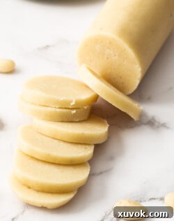 Closeup of slices of almond paste.