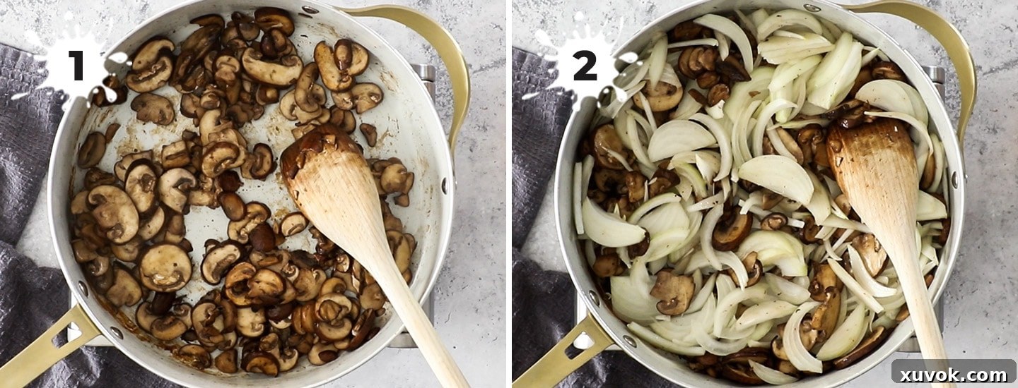 Sliced mushrooms and onions gently cooking in a large pan, forming the flavorful base for French onion gravy.
