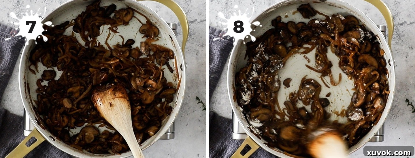 Cooked, deeply caramelized onions and golden-brown mushrooms resting in a pan, forming the rich base of the French onion gravy.