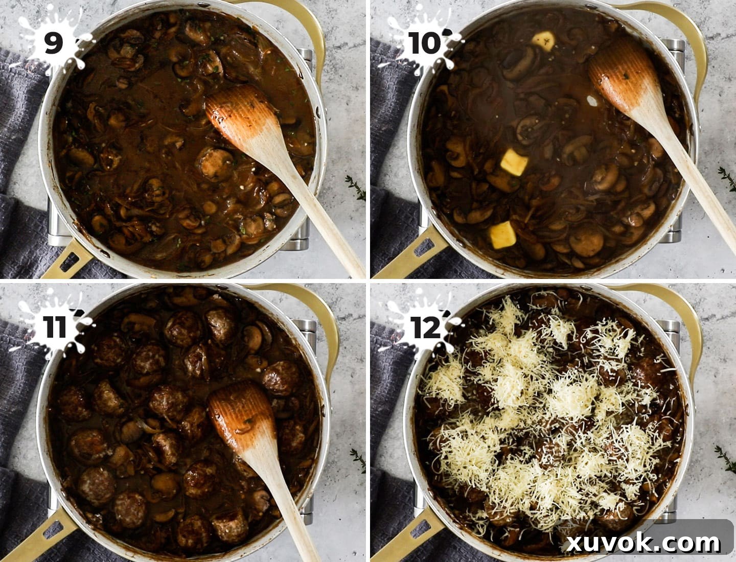 Gravy ingredients and cooked meatballs being added to a pan, topped with shredded Gruyere cheese before melting.