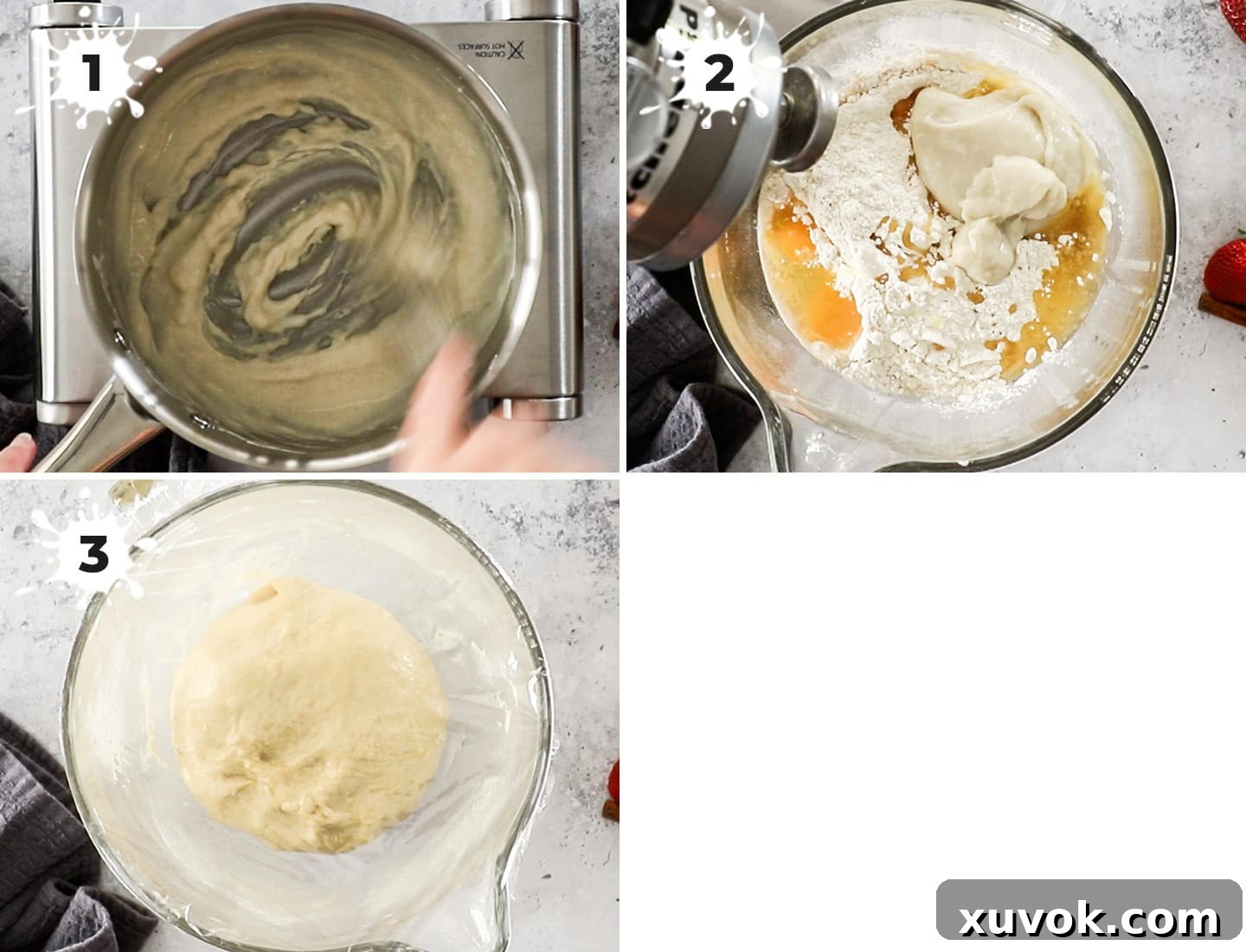 A four-panel collage illustrating the dough preparation process: 1. Tangzhong paste in a saucepan. 2. Ingredients for the dough in a stand mixer bowl. 3. Kneaded soft, sticky dough. 4. Dough rising in an oiled bowl.