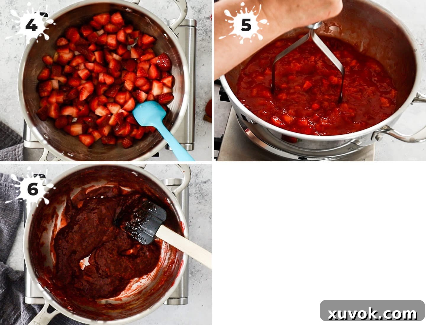 A three-panel collage illustrating the homemade strawberry jam filling process: 1. Strawberries, lemon juice, cornflour, and sugar in a saucepan. 2. Mashing softened strawberries in the pan. 3. Thickened, jam-like strawberry filling.
