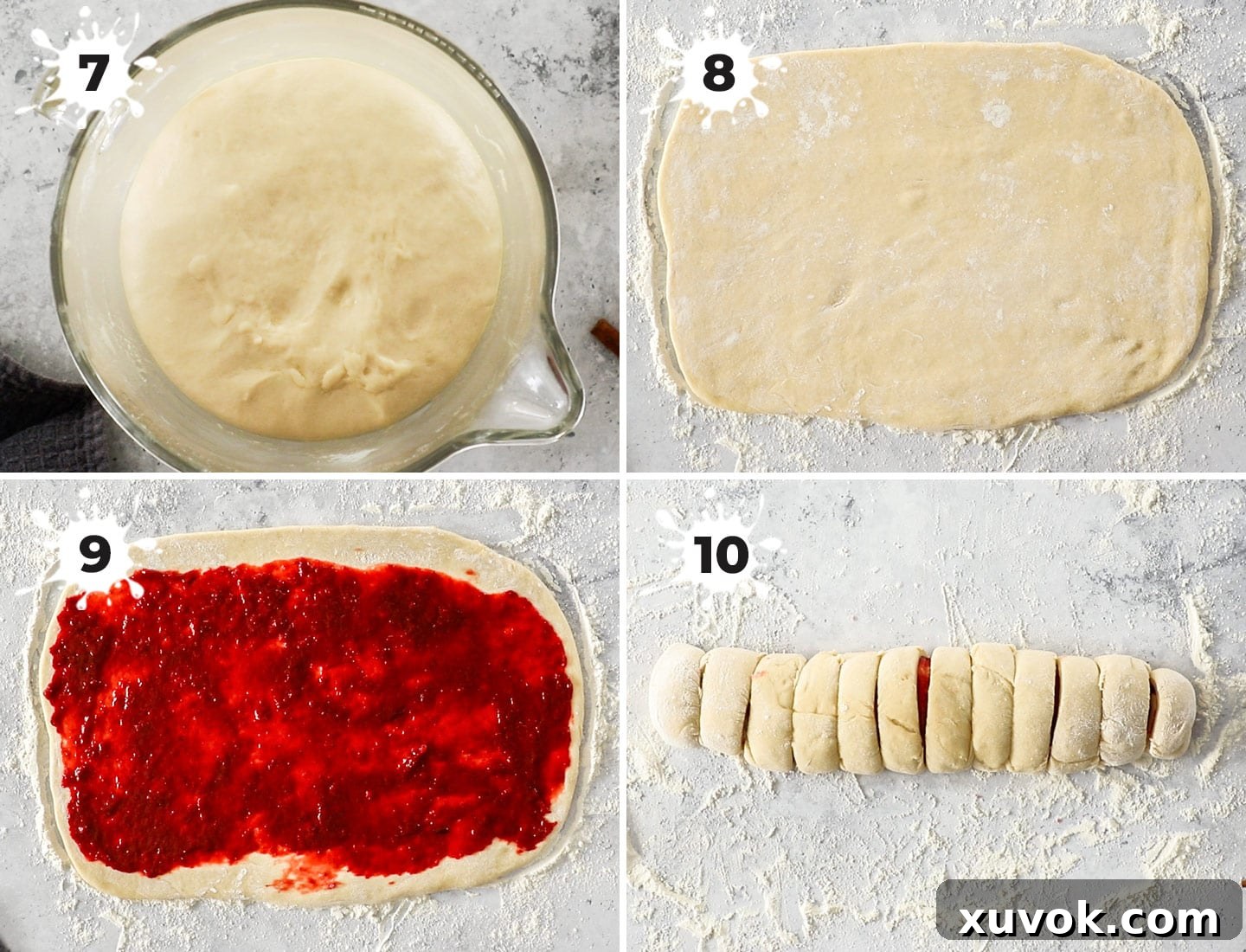 A four-panel collage demonstrating how to roll and fill the cinnamon roll dough: 1. Risen dough. 2. Dough rolled into a large rectangle. 3. Strawberry filling spread over the dough. 4. Dough rolled into a log and ready for slicing.