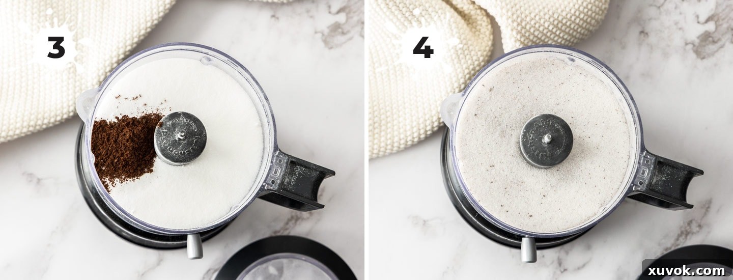 Sugar and vanilla bean powder being combined in a food processor, showing the fine texture.