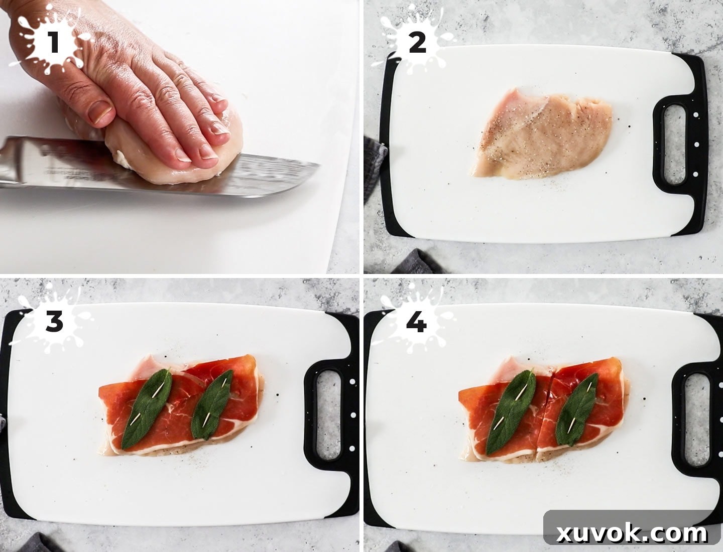 A four-panel collage illustrating the preparation of chicken cutlets: 1. Slicing chicken breast horizontally. 2. Seasoning the chicken. 3. Laying prosciutto and sage, secured with a toothpick. 4. Slicing the topped chicken in half.