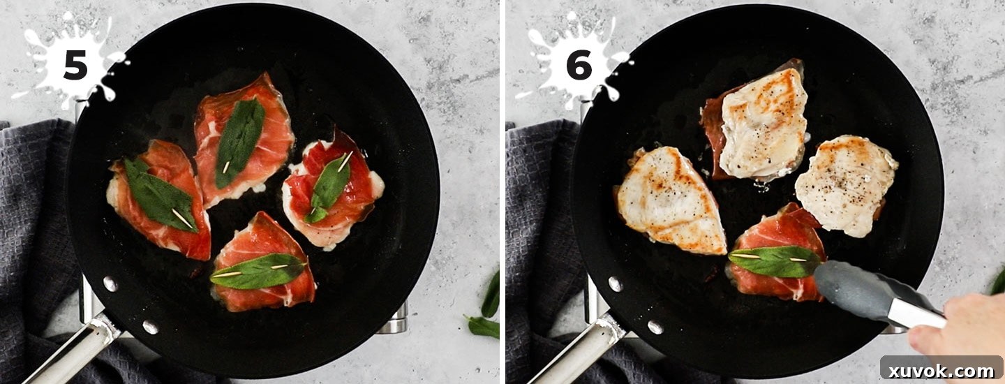 A two-panel collage showing the cooking process: 1. Chicken saltimbocca searing in a hot skillet. 2. The chicken pieces flipped, with prosciutto side down, crisping in the pan.