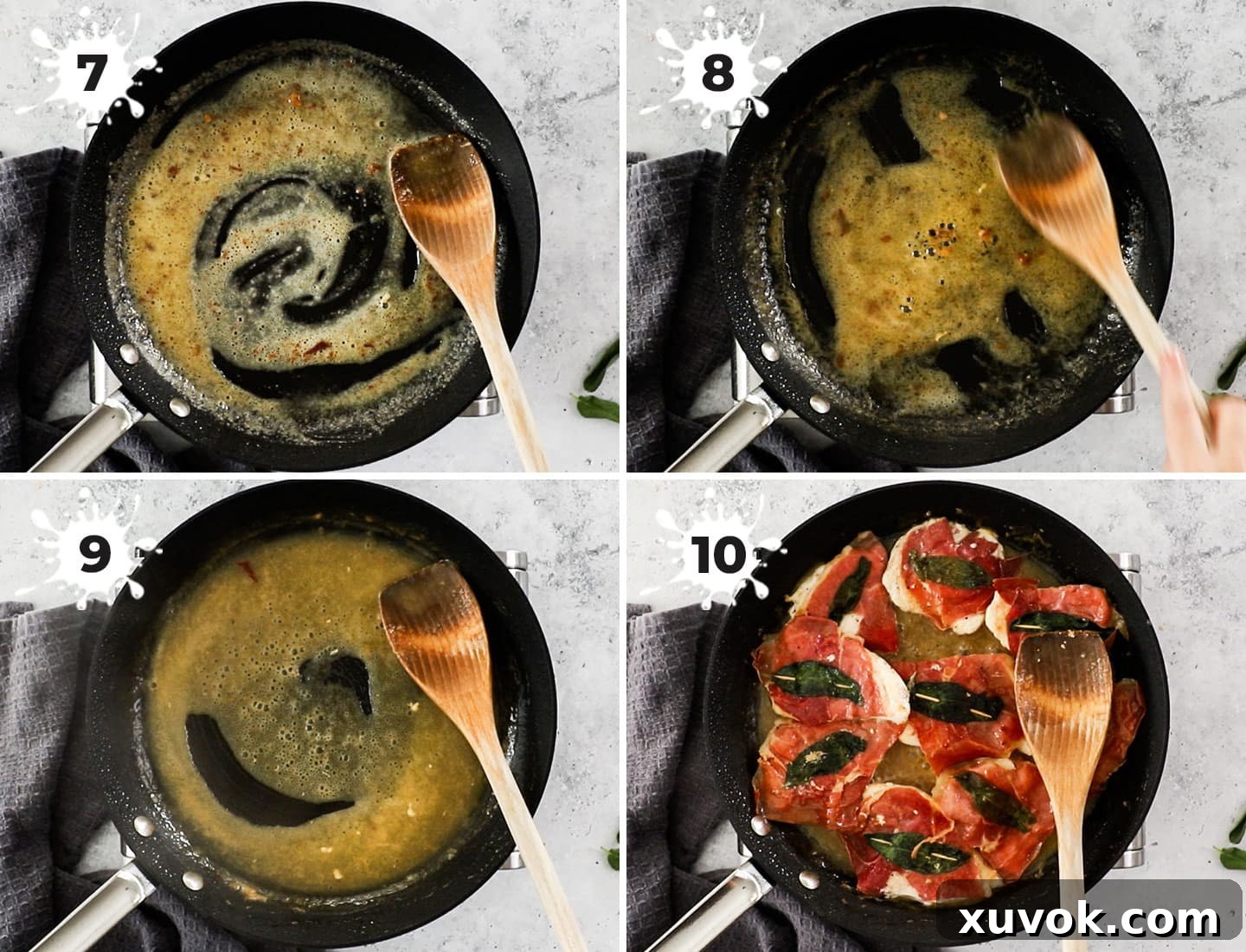 A collage of four images showing the steps to make saltimbocca sauce: 1. Melting butter in a pan, scraping fond. 2. Adding flour to make a roux. 3. Adding white wine, reducing. 4. Adding chicken stock, simmering until thickened.