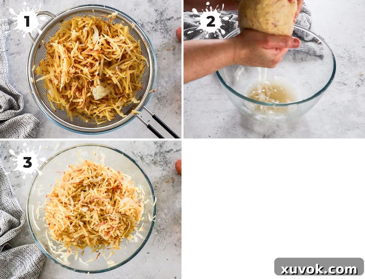 A visual guide showing a collage of steps to prepare the shredded potato and onion mixture for fritters.