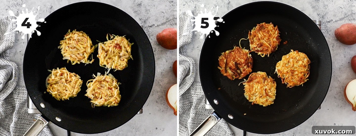 A collage showing two stages of frying potato fritters until they are golden brown and crispy.