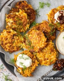 Golden, crispy potato fritters on a serving tray, garnished and ready to be enjoyed.
