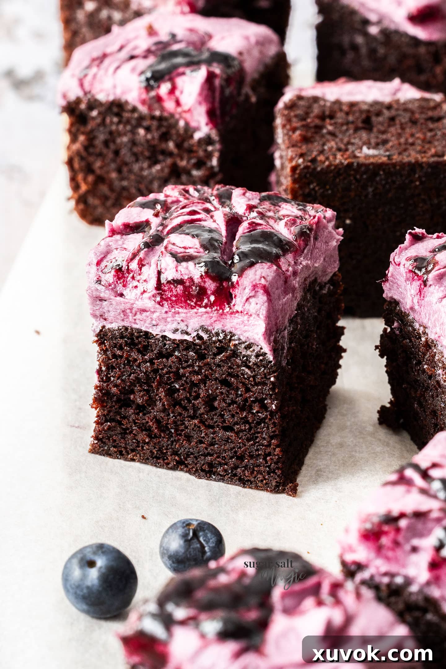 Closeup of a single slice of blueberry chocolate cake showcasing its moist texture and rich frosting.