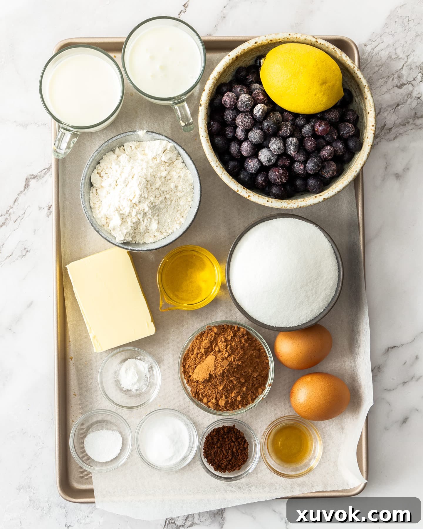 Ingredients for blueberry chocolate cake laid out on a baking tray, including flour, cocoa, sugar, eggs, blueberries, butter, and milk.