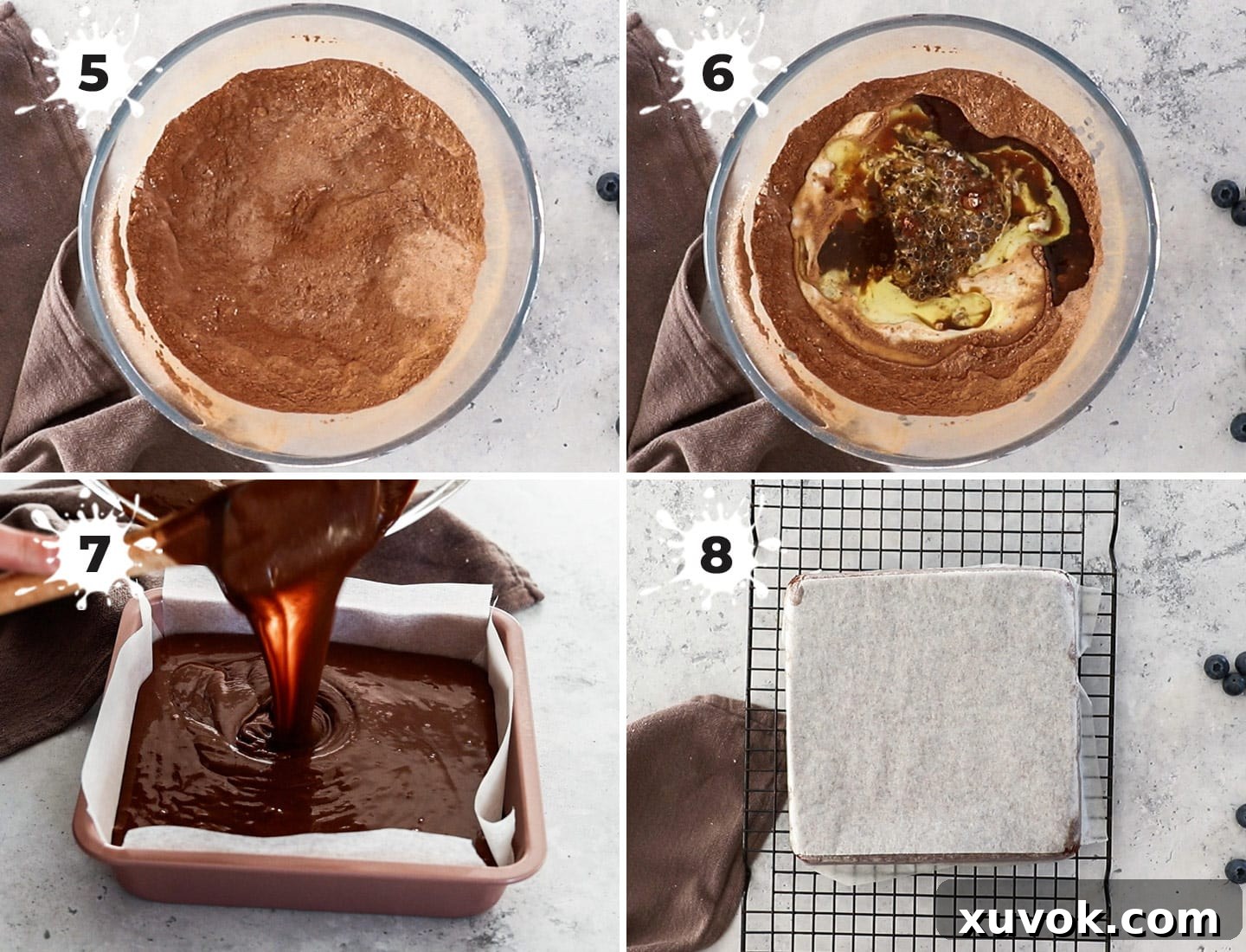 A collage showing how to combine dry and wet ingredients and pour the batter into a baking pan for the chocolate cake.