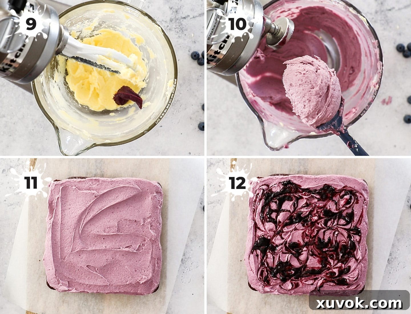 A collage showing the process of making and spreading the ermine blueberry frosting on the chocolate cake.