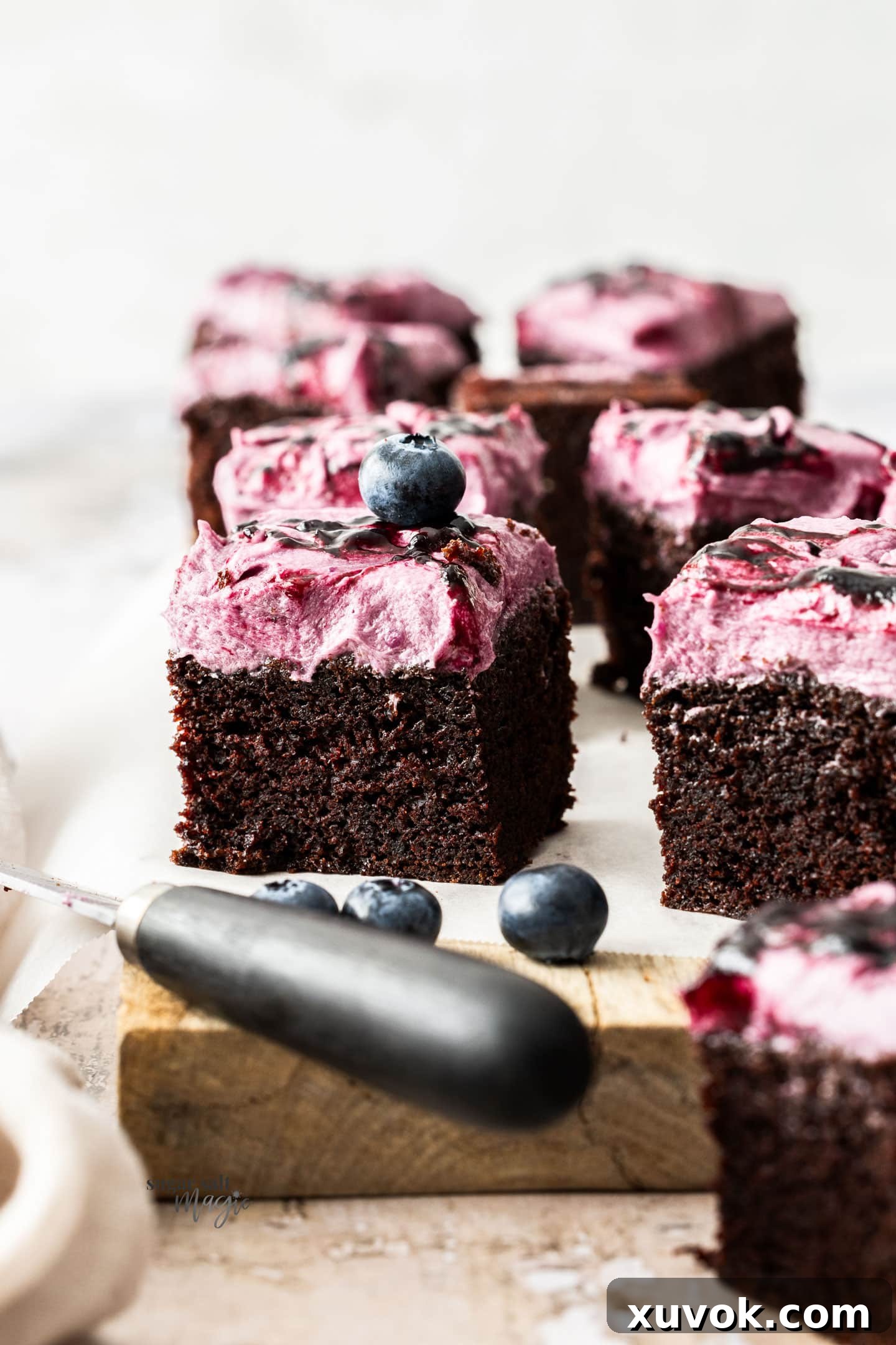 Closeup of the side of a slice of blueberry chocolate cake, highlighting the fluffy texture of the cake and the smooth, vibrant frosting.