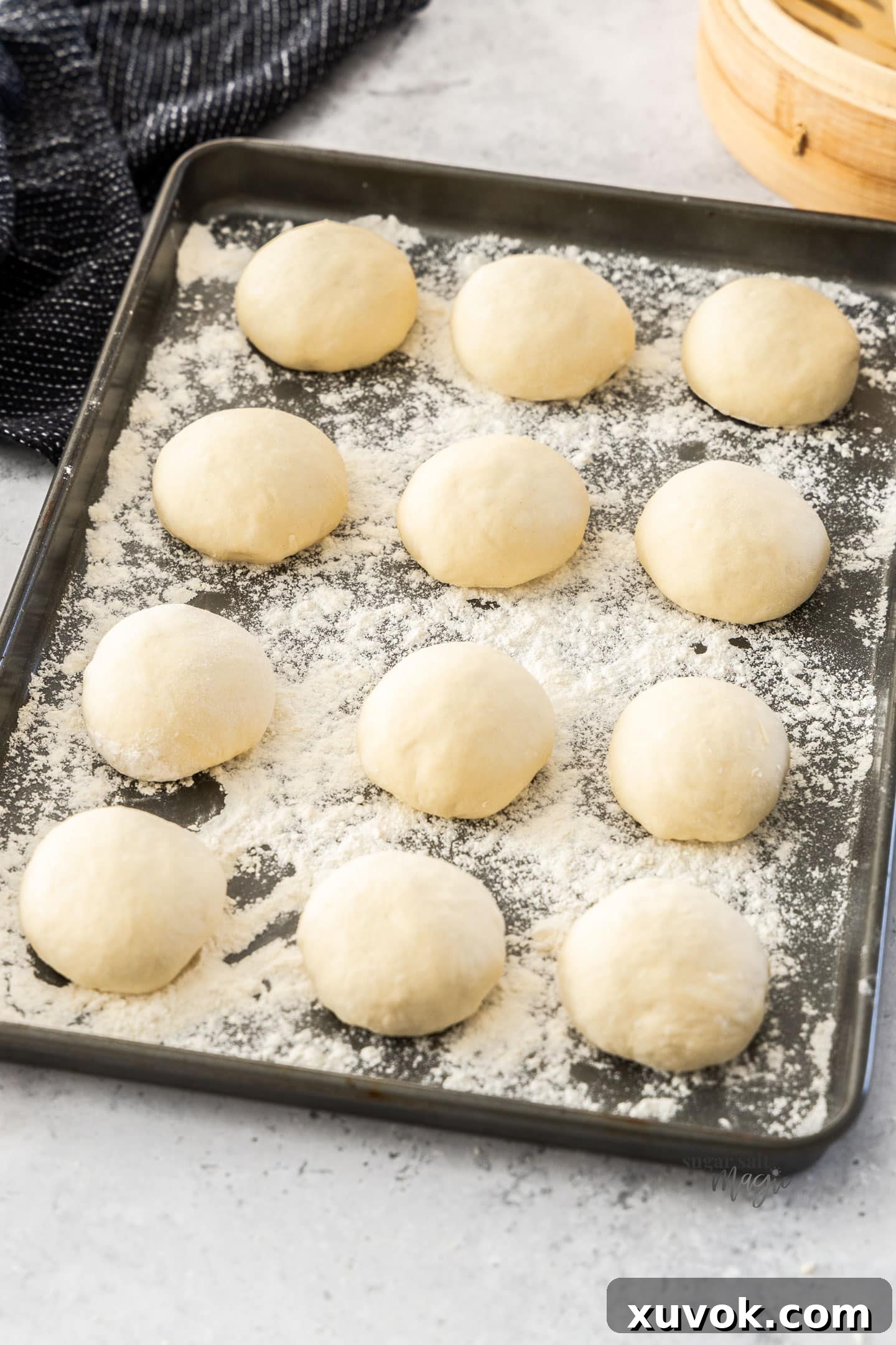 12 small balls of dough on a floured baking tray.