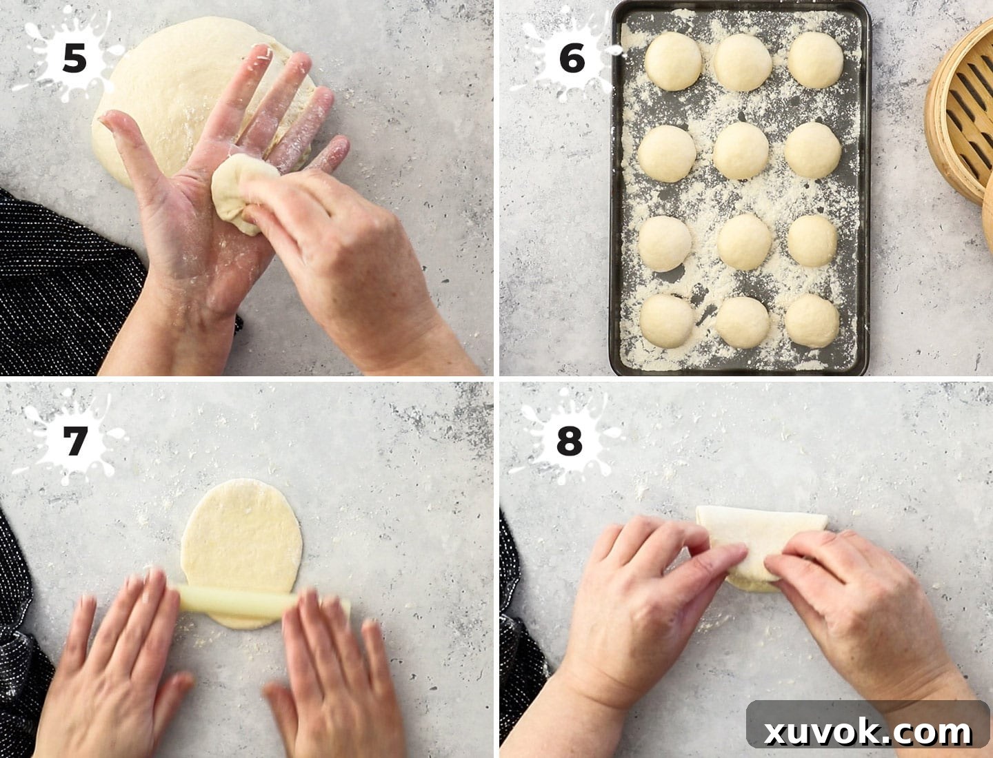 A collage showing how to shape bao buns.
