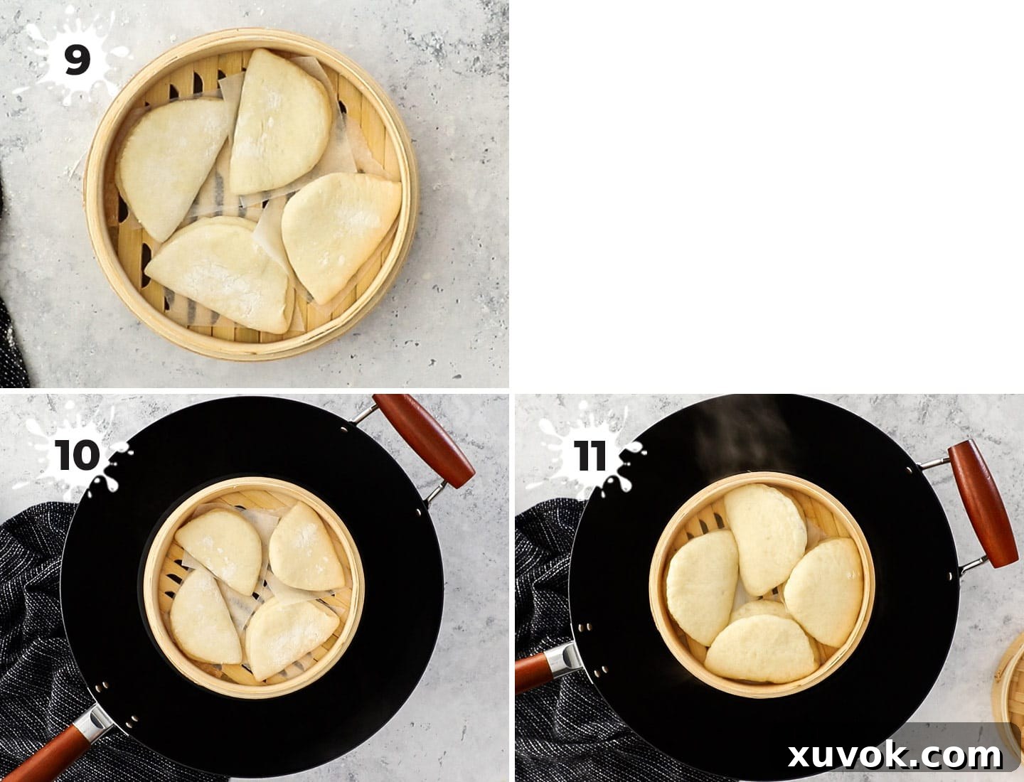 A collage showing how to steam the bao.