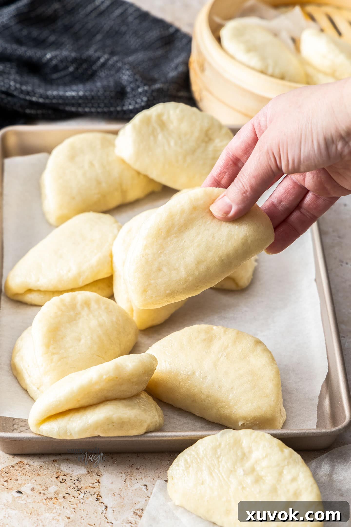 A hand holding a bao bun.