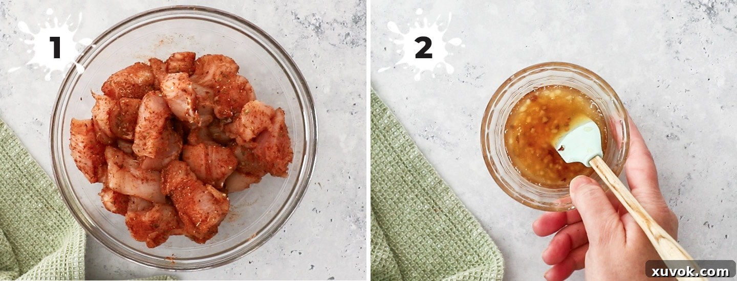 A visual guide showing the initial preparation of the chicken with Cajun seasoning and the mixing of the honey garlic sauce.